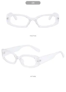 Occhiali da sole alla moda trasparenti vista dettagliata, elegante montatura chiara unisex.