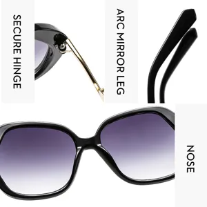 Close-up details of oversized sunglasses featuring secure hinge and gradient lenses.