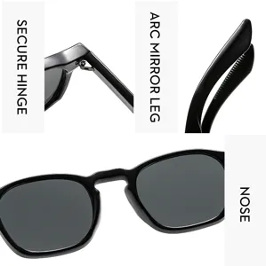 Vista detallada de gafas de sol negras minimalistas que muestran bisagra segura y puente nasal.