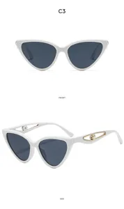 Nahaufnahme stilvoller weißer Cat-Eye-Sonnenbrille mit filigranen Perlenschläfen.