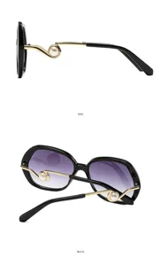 Women large frame sunglasses with pearl metal detail, side and back view detail shot.
