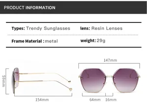Gafas de sol degradadas grande para mujer, montura metalica de moda con lentes.