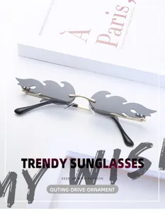 Trendy rimless flame sunglasses for women, fashionable metal frame shades for outdoor wear.