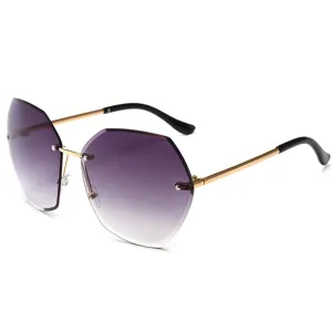 Women fashion rimless gradient sunglasses with purple lenses and gold metal temples main view