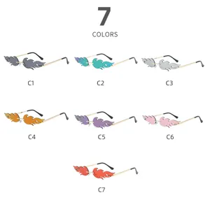 Detail view of trendy rimless flame sunglasses featuring seven vibrant color options for women.