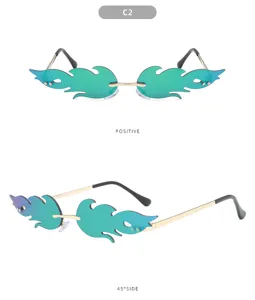 Trendy rimless flame sunglasses for women, vibrant gradient color fashion eyewear, unique chic shades.