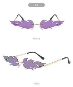 Chic rimless flame sunglasses featuring vibrant purple lenses and sleek gold metal temples.