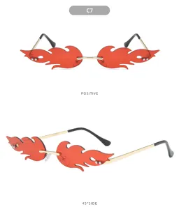 Trendy rimless flame sunglasses with vibrant red lenses and sleek metal temples for women.