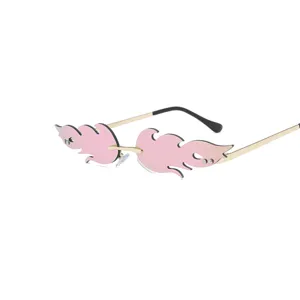 Chic rimless flame sunglasses for women, trendy pink mirrored small frame sun glasses.