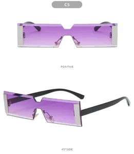 Vue detaillee de lunettes de soleil tendance sans monture, degrade violet et metal.