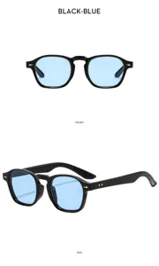 Gafas de sol retro de moda con montura negra, lentes azul claro y elegantes remaches.