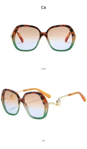 Oversized gradient sunglasses detail view, stylish frame with pearl and metallic wave temple.
