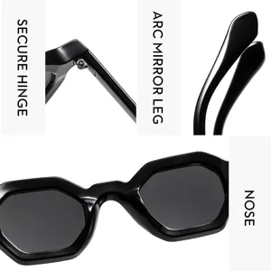 Detail views of black polygonal sunglasses featuring secure hinges, mirror legs, and nose pads.