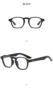 Montura de gafas negra clásica con diseño cuadrado vintage y elegantes remaches metálicos.