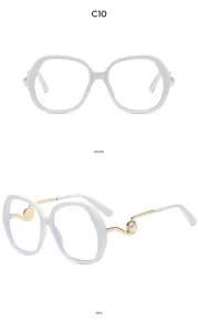 Stylish women's large frame anti-blue light glasses with elegant pearl decorated metal temples.
