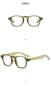 Primer plano de la montura de gafas vintage verde en acetato con remaches de metal.