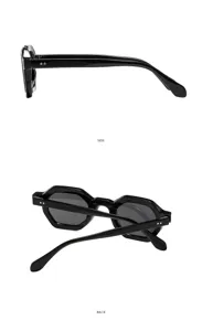 Detailansicht schwarzer Polygon-Sonnenbrille mit Seitenwinkel und gefalteter Rückseite.