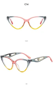 Detailansicht der modischen Damen Katzenauge Brille mit Farbverlauf und Perlen Ausschnitt.