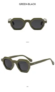 Detailansicht der modischen Retro Polygon Sonnenbrille in Grün Schwarz mit schicken Nieten.