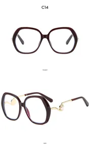 Women large frame blue light blocking glasses stylish pearl metal temple optical eyewear