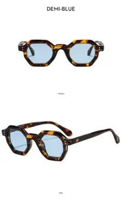 Retro polygon Acetat Sonnenbrille in Havanna mit hellblauen Gläsern Vorder- und Seitenansicht.
