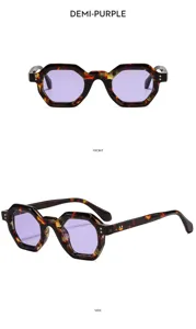 Detailansicht der modischen polygonalen Sonnenbrille mit Halblila-Schildpattrahmen und lila Linsen.