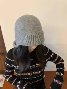 Japanese vintage grey knitted fisherman hat for women, irregular roll-up brim cute winter basin hat.
