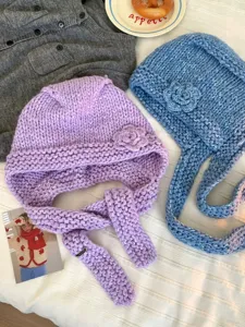 Handmade chunky knit floral balaclava winter warm cozy vintage pullover hat for women.