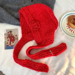 Handcrafted red knit balaclava hat detail, vintage winter warm thick wool hood with cute flower.