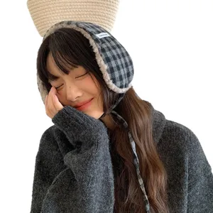 Chauffe-oreilles à carreaux épais pour femmes, cache-oreilles en peluche chaude d'hiver, confortable.