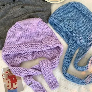 Chunky knit balaclava hat with 3D flower accent, cozy winter handmade pullover wool cap.