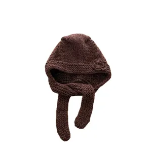 Brown chunky knit balaclava hat with 3D flower cozy winter retro warm headwear fashion