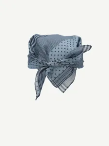 Blue patterned small square scarf detailed view, featuring chic grid stripe and dot prints.