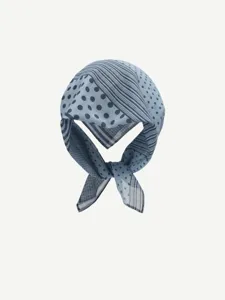 Blue grey polka dot striped silk scarf women square headscarf stylish hair accessory