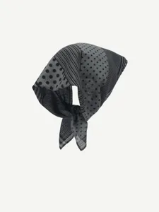 Grey polka dot and plaid print square scarf, versatile silk headscarf detail view.