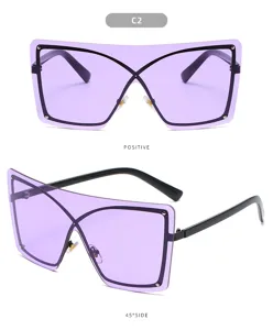 Elegantes gafas de sol de escudo sin montura para mujer moradas oversized detalles.