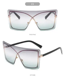 Detalle de elegantes gafas de sol degradadas sin montura con bisagras metálicas modernas.
