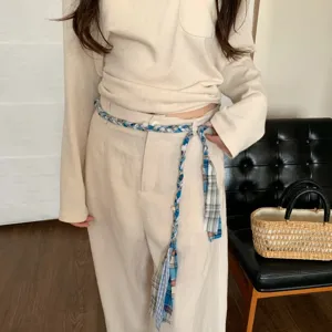 Retro ethnic style braided rope belt with plaid pattern and tassel for women daily wear