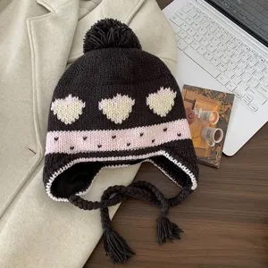 Knitted ear-flap beanie winter hat with pom pom, cute jacquard heart pattern, thick warm cozy headwear.