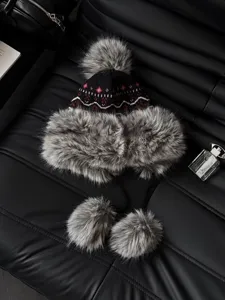 Ethnic vintage jacquard bomber hat detail, thick warm faux fur earflap winter plush hat.