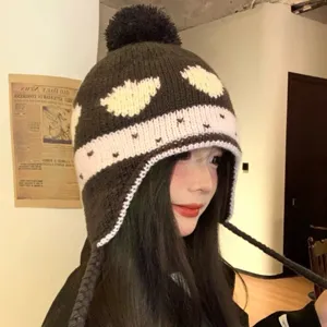 Cute strawberry jacquard knitted pom pom ear-flap hat winter warm thick woolen beanie cap