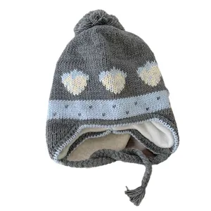 Winter warm grey knitted earflap hat with cute strawberry jacquard and fluffy pompom.