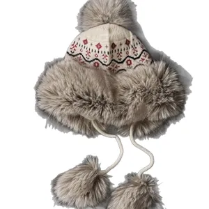 Cozy knit trapper hat with faux fur earflaps and Nordic fair isle pattern for winter.