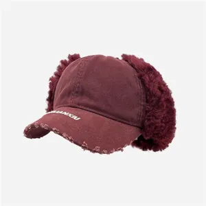 Berretto da baseball invernale in peluche con paraorecchie, visiera distressed, cappello caldo unisex.