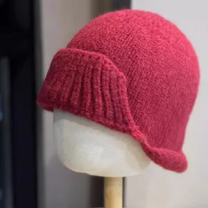 Red knitted bucket hat women autumn winter Japanese retro solid color roll brim cute hat