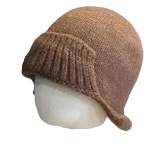 Brown knit fisherman hat for women, autumn winter vintage solid color roll brim stylish cap.