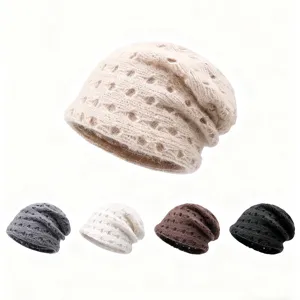 Autumn Winter Rabbit Fur Blend Slouchy Beanie Hat Double Layer Mesh Ear Protection Warm Knit Pullover Cap For Women