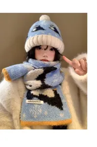 Carino set berretto e sciarpa in maglia con pinguino blu, cappello invernale caldo da donna.