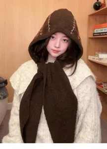 Écharpe cagoule en tricot épaissie bonnet chaud d'hiver pour femmes marron mode