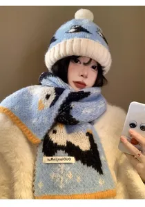 Carino berretto in maglia di cashmere pinguino inverno caldo set cappello e sciarpa donna blu